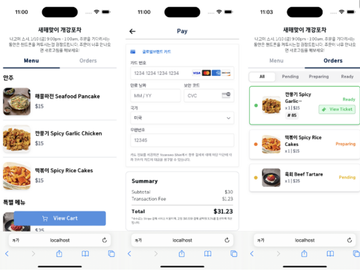 Three mobile screens of the Pocha ordering platform: Menu (left) with Korean-style dishes including Seafood Pancake and Spicy Garlic Chicken and a View Cart button; Pay (middle) showing Stripe checkout with card form and total $31.23; Orders (right) showing live order status — Garlic Roasted Chicken marked Ready and Spicy Rice Cakes marked Preparing.